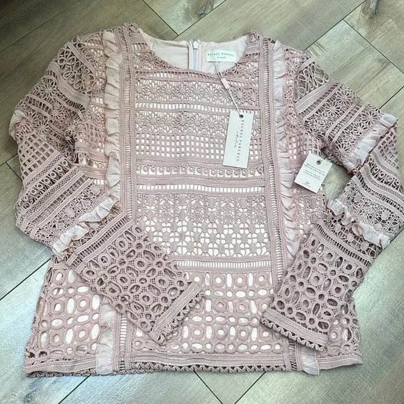 NWT Rachel Parcell Melrose Blouse Blush Pink Embroidered Lace Long Sleeve Top XS - Picture 2 of 6